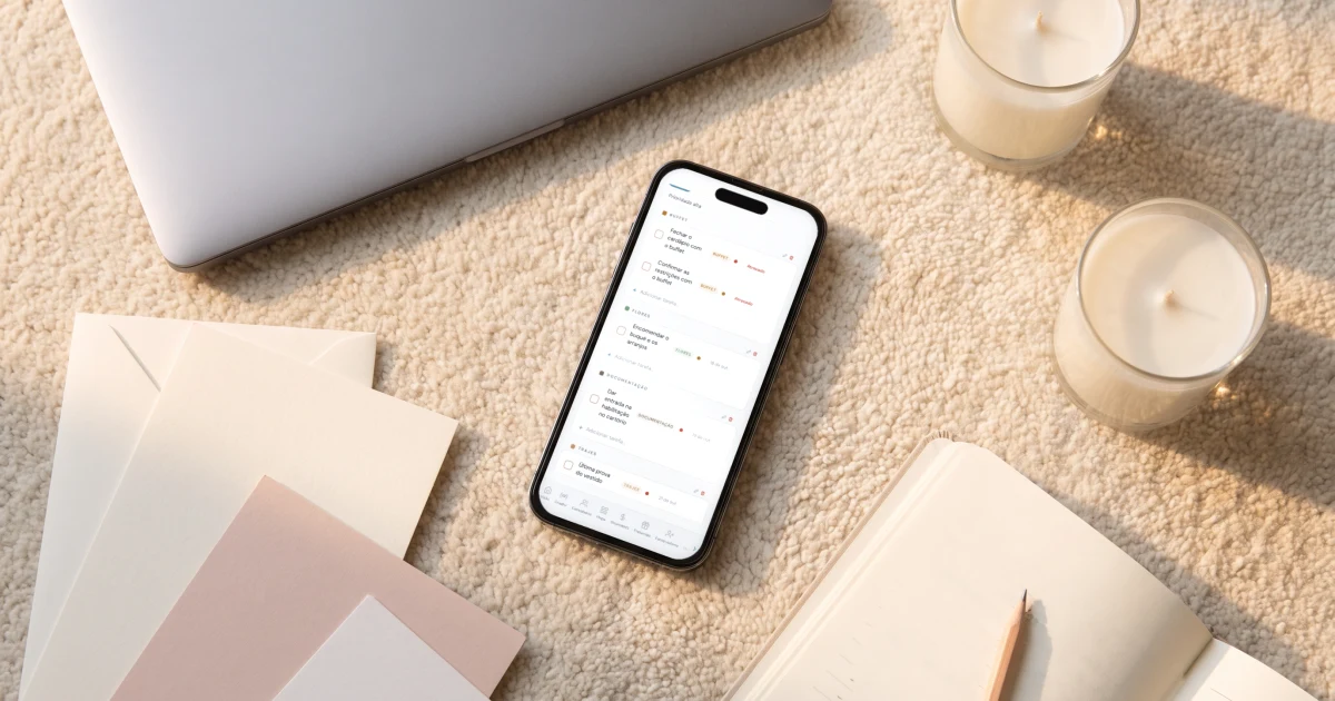 Como organizar casamento sem cerimonialista: celular deitado num tapete da sala mostrando o checklist do casamento com tarefas por categoria e prazos, ao lado de um notebook fechado, amostras de convite, um caderno e velas