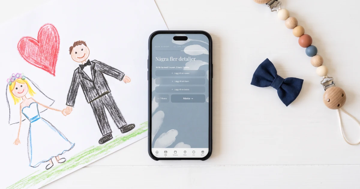 OSA för bröllop med barn: mobilen visar OSA-formuläret med knappar för att lägga till vuxna, barn och spädbarn, bredvid en barnteckning av ett brudpar och en liten fluga