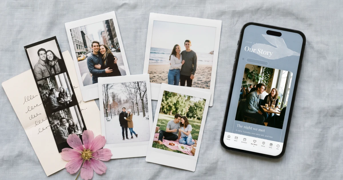 Wedding website Our Story examples: a phone shows an Our Story photo timeline among polaroids, a photo booth strip and a love note