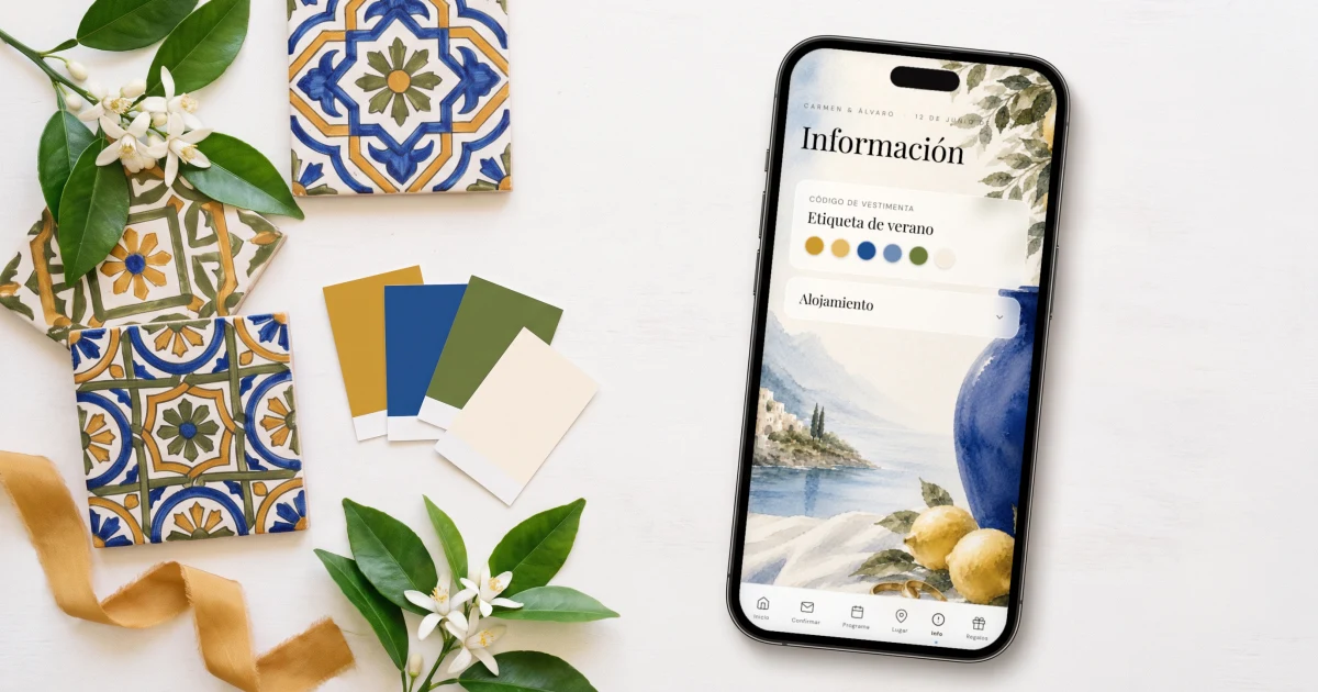 Paleta de colores para boda 2026: un teléfono muestra la paleta de la invitación entre azulejos, azahar y muestras de color