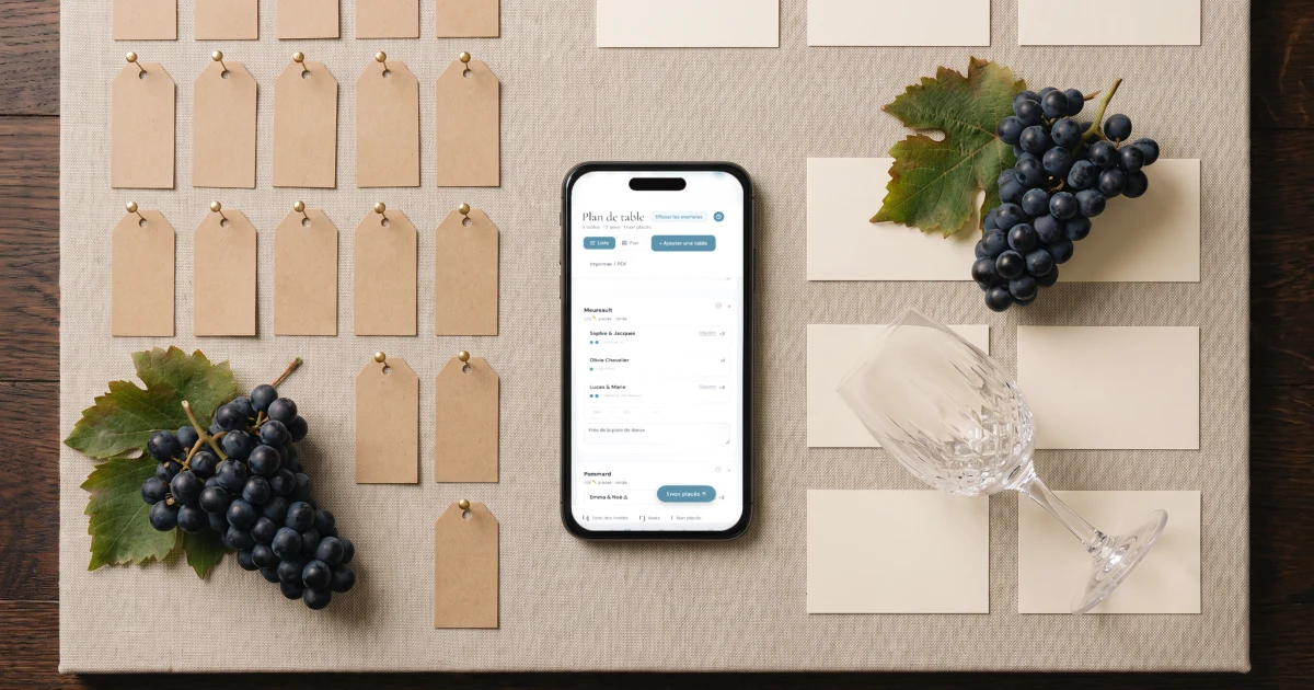Plan de table de mariage : un téléphone affiche le plan de table en ligne avec des tables nommées d'après des vins de Bourgogne, à côté d'étiquettes kraft et de raisin