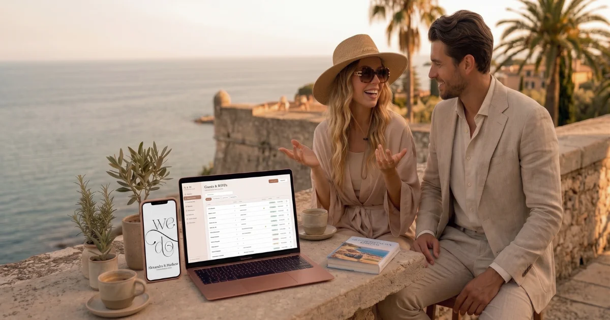 Couple planning their own wedding without a planner on a Mediterranean terrace using a wedding planning app on phone and laptop at sunset