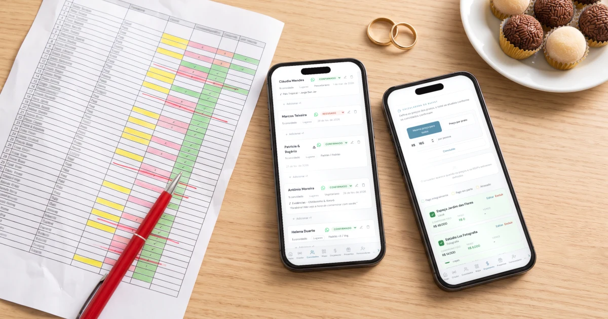 Planilha de casamento ou app: à esquerda uma planilha impressa cheia de células coloridas e riscos de caneta vermelha, à direita dois celulares deitados mostrando a lista de convidados e a calculadora do buffet com o preço por pessoa, ao lado de alianças e brigadeiros