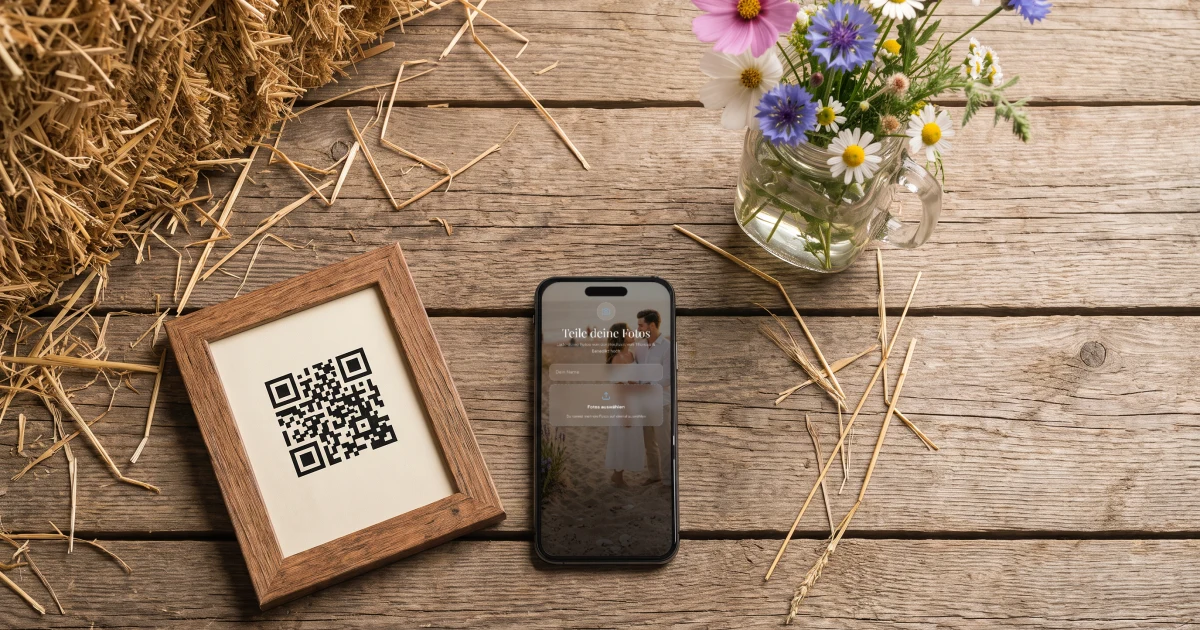 QR-Code für Hochzeitsfotos: ein Handy zeigt die Upload-Seite für Gästefotos neben einer QR-Karte im Holzrahmen