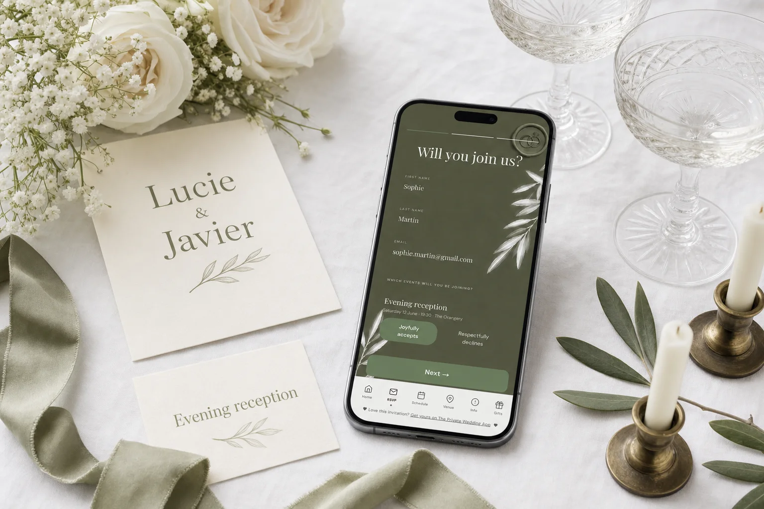 Reception only wedding invitation: a phone shows a guest accepting the evening reception RSVP, next to Lucie and Javier's evening reception card, coupe glasses and white roses