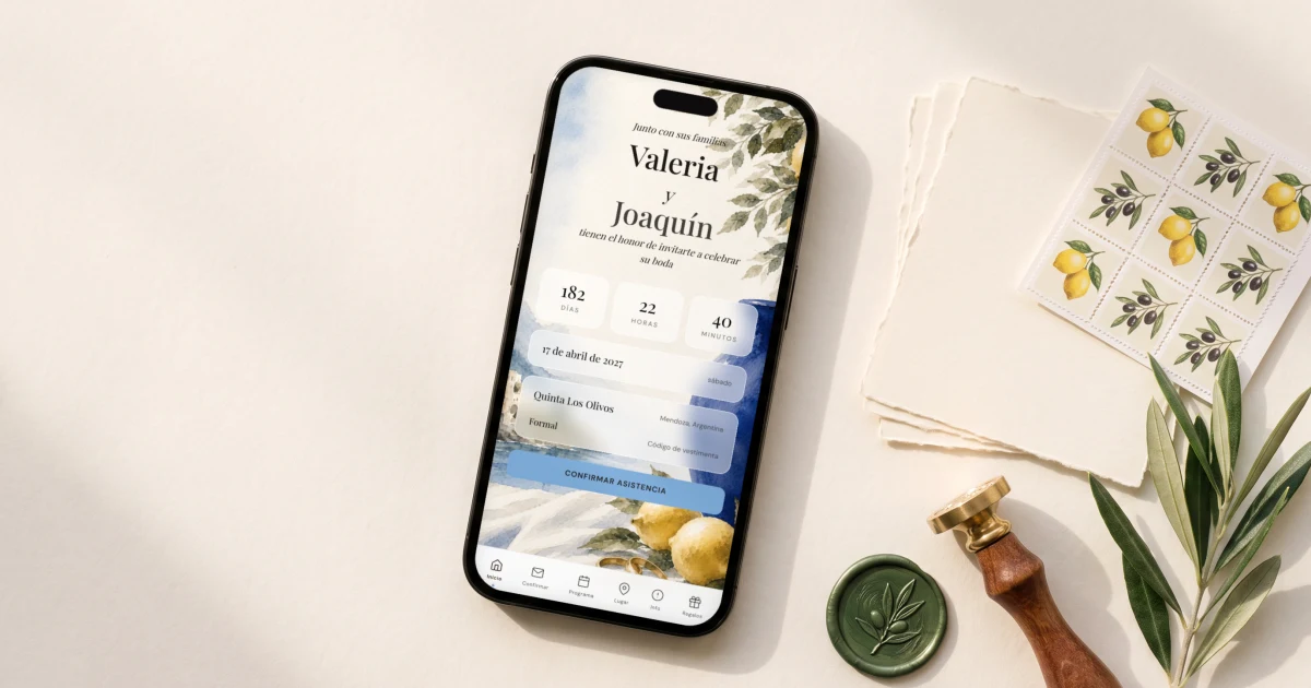 Save the date de boda gratis o de pago: un teléfono muestra un save the date digital con nombres, fecha y cuenta regresiva junto a tarjetas de papel y estampillas