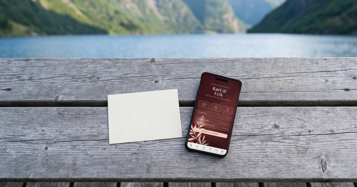 Save the date-kort for et sommerbryllup ved fjorden lagt flatt på en benk av tre ved siden av en mobiltelefon som viser forsiden av den digitale invitasjonen med dato og nedtelling
