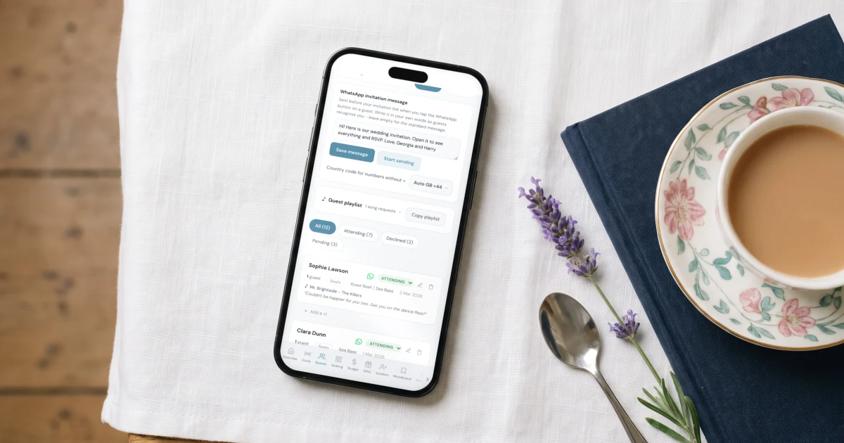 How to send wedding invitations on WhatsApp: a phone shows the guest list with a WhatsApp send button for each guest