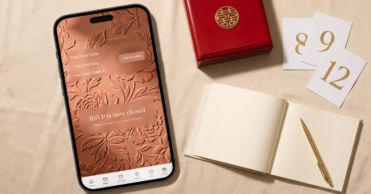 Singapore wedding reception desk: ang bao box and guest book next to the find your table lookup