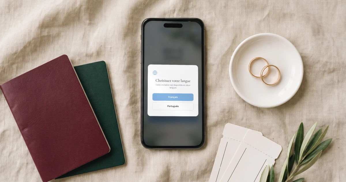 Site de mariage pour couple binational : un téléphone affiche le faire-part avec le choix de langue français et portugais, à côté de deux passeports et de deux alliances
