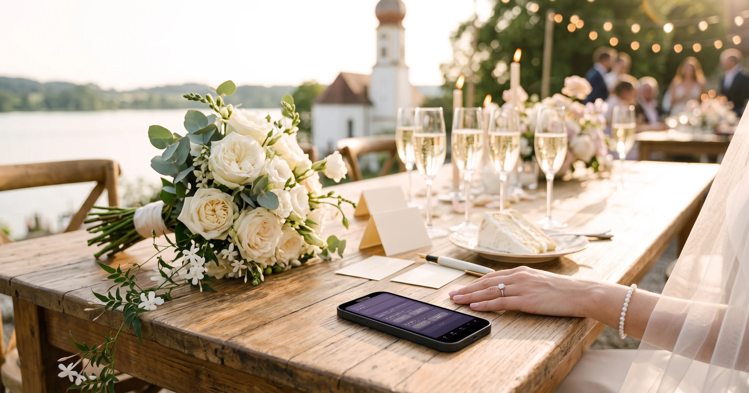 Standesamt nur Familie, Feier alle: Auf einem Holztisch am See neben Brautstrauß, Sektgläsern und Hochzeitstorte liegt ein Handy mit den Zusagen pro Event, Trauung und Essen und Abendfeier, im Hintergrund ein Kirchturm und Gäste unter Lichterketten