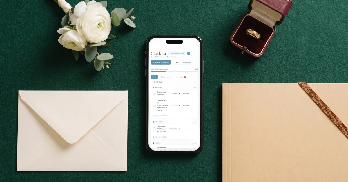 Témoins de mariage : un téléphone affiche la checklist des témoins à côté d'une boutonnière et d'une boîte à alliances
