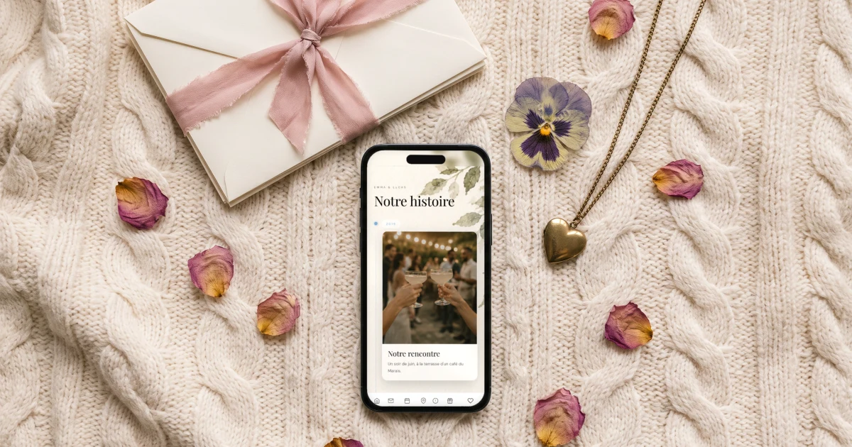 Texte Notre histoire pour site de mariage : un téléphone affiche la page Notre histoire avec photos, à côté de lettres nouées d'un ruban, d'une pensée séchée et d'un médaillon