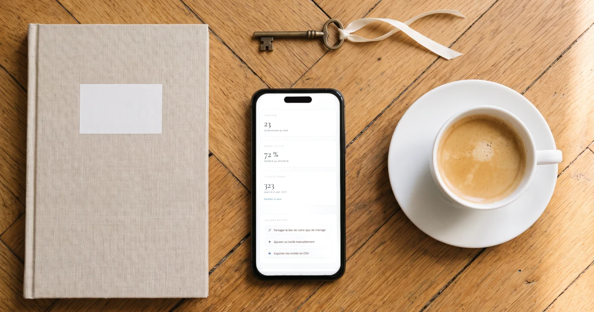 The Private Wedding App sans abonnement : un téléphone affiche le tableau de bord du mariage, accès à vie payé une fois, à côté d'un carnet et d'une clé en laiton