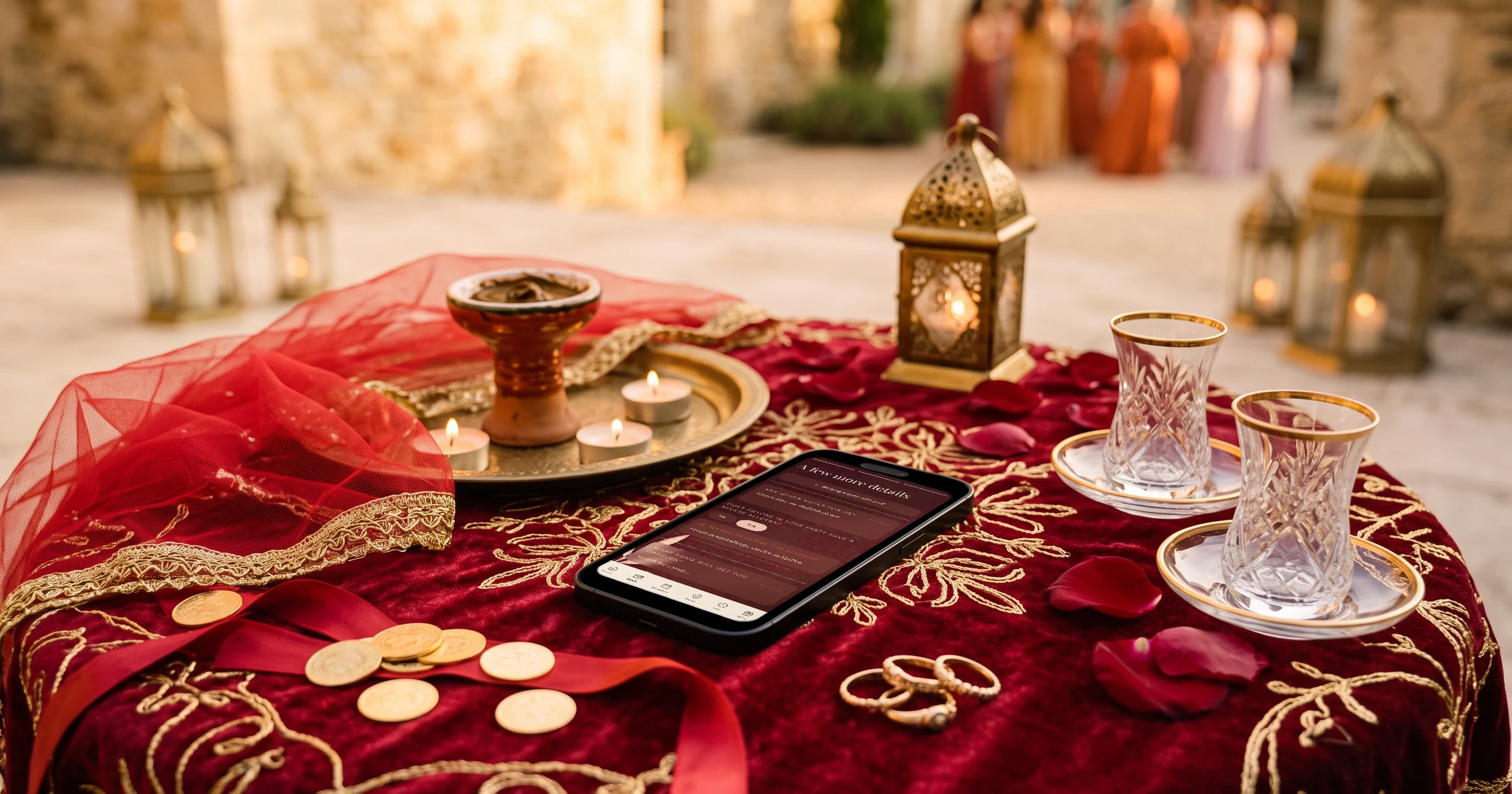 Turkish and English wedding henna night: a phone showing the RSVP details step lies on red velvet with gold embroidery, beside a red veil, a henna bowl, candles, gold coins on a ribbon and Turkish tea glasses