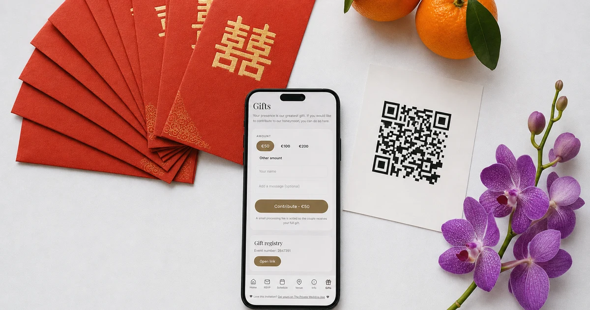 Wedding ang bao rates Singapore 2026: red ang bao packets, mandarin oranges and a QR code card around a phone showing the Gifts page of a digital wedding invitation made with The Private Wedding App