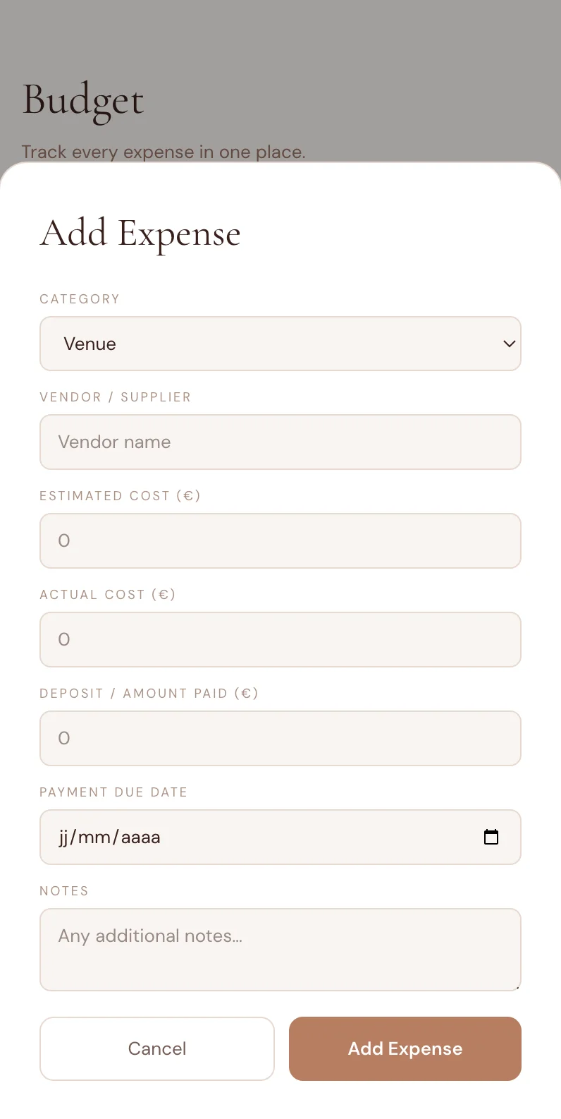 Wedding budget tracker add expense form on mobile showing category, vendor, estimated cost, deposit and payment due date fields