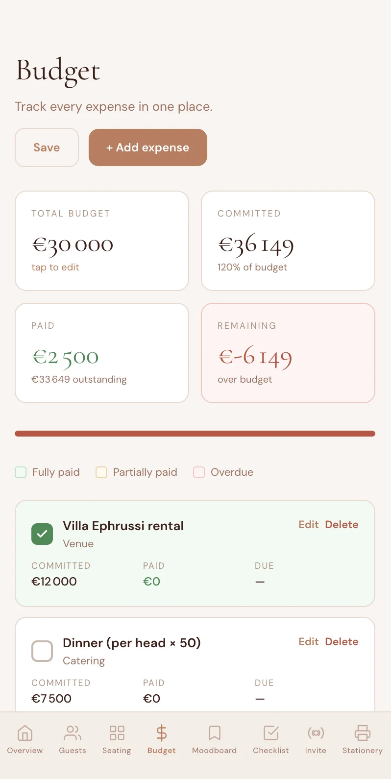 Wedding budget tracker mobile app showing deposit tracking and partial payment status with remaining balance calculation