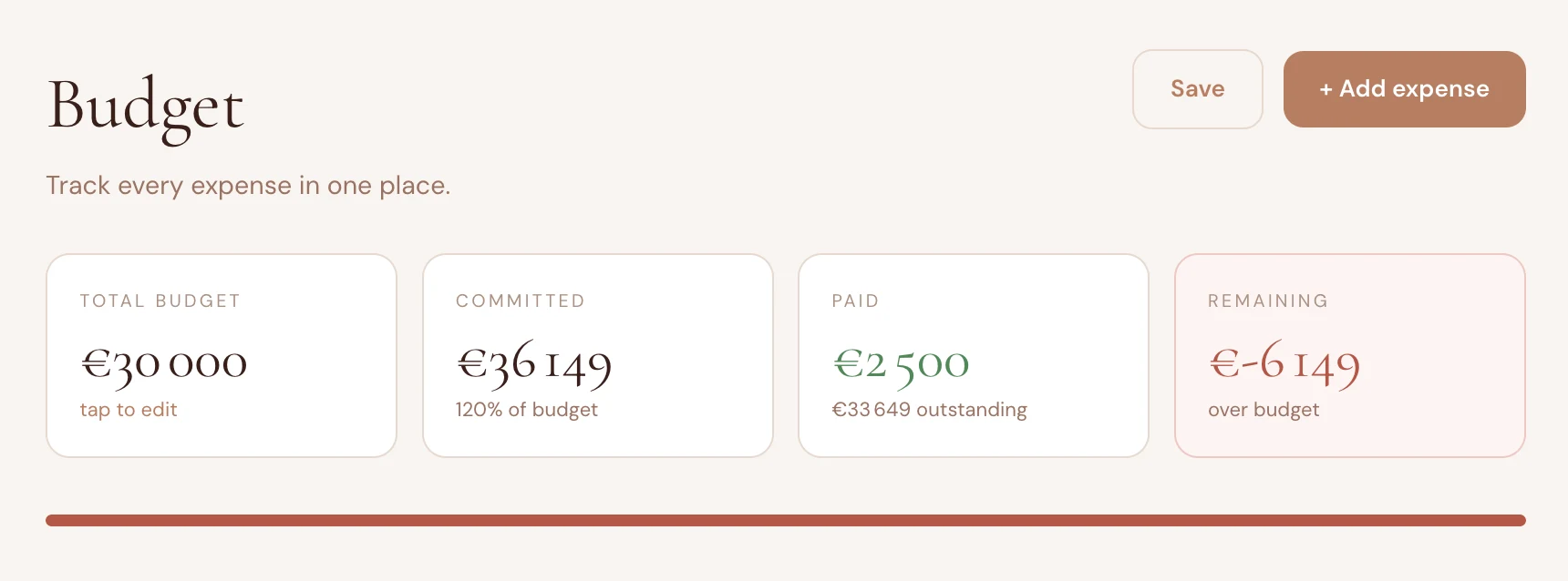 Wedding budget tracker adding vendor expense with deposit amount tracking showing partial payment status and remaining balance calculation