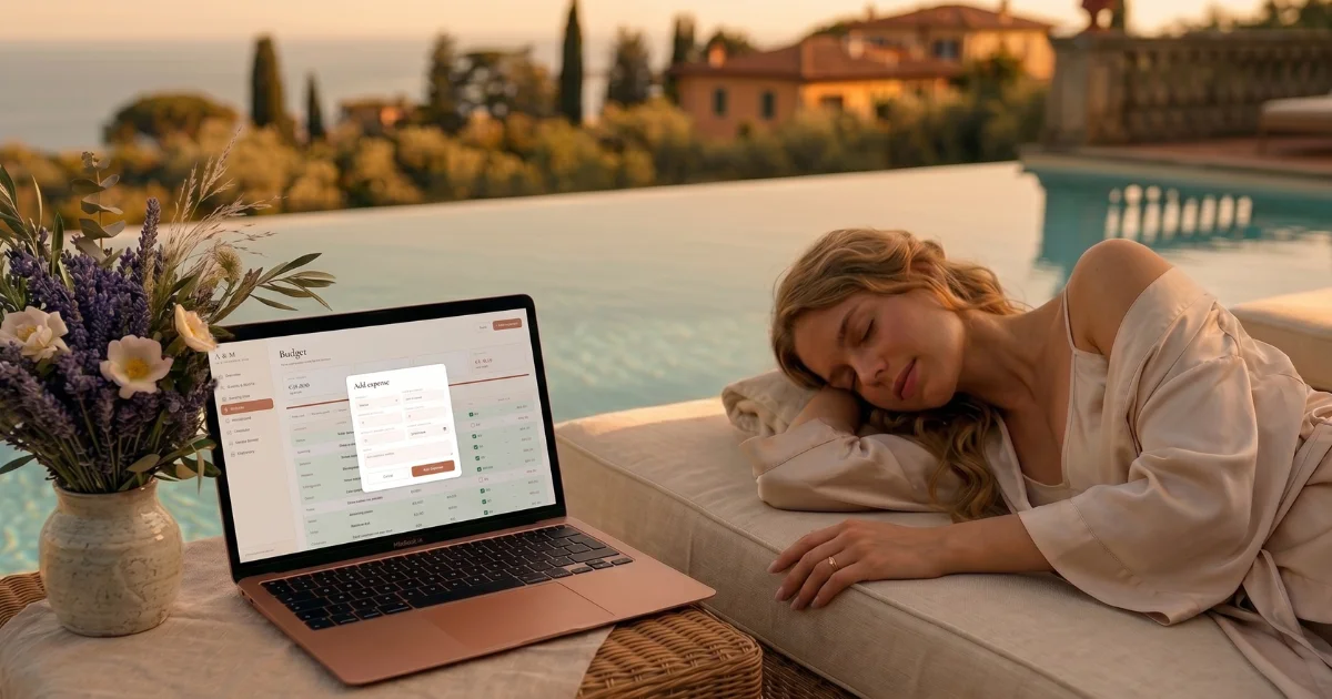 Bride relaxing poolside at a Mediterranean villa with wedding budget tracker app open on laptop showing expense categories and vendor payment tracking