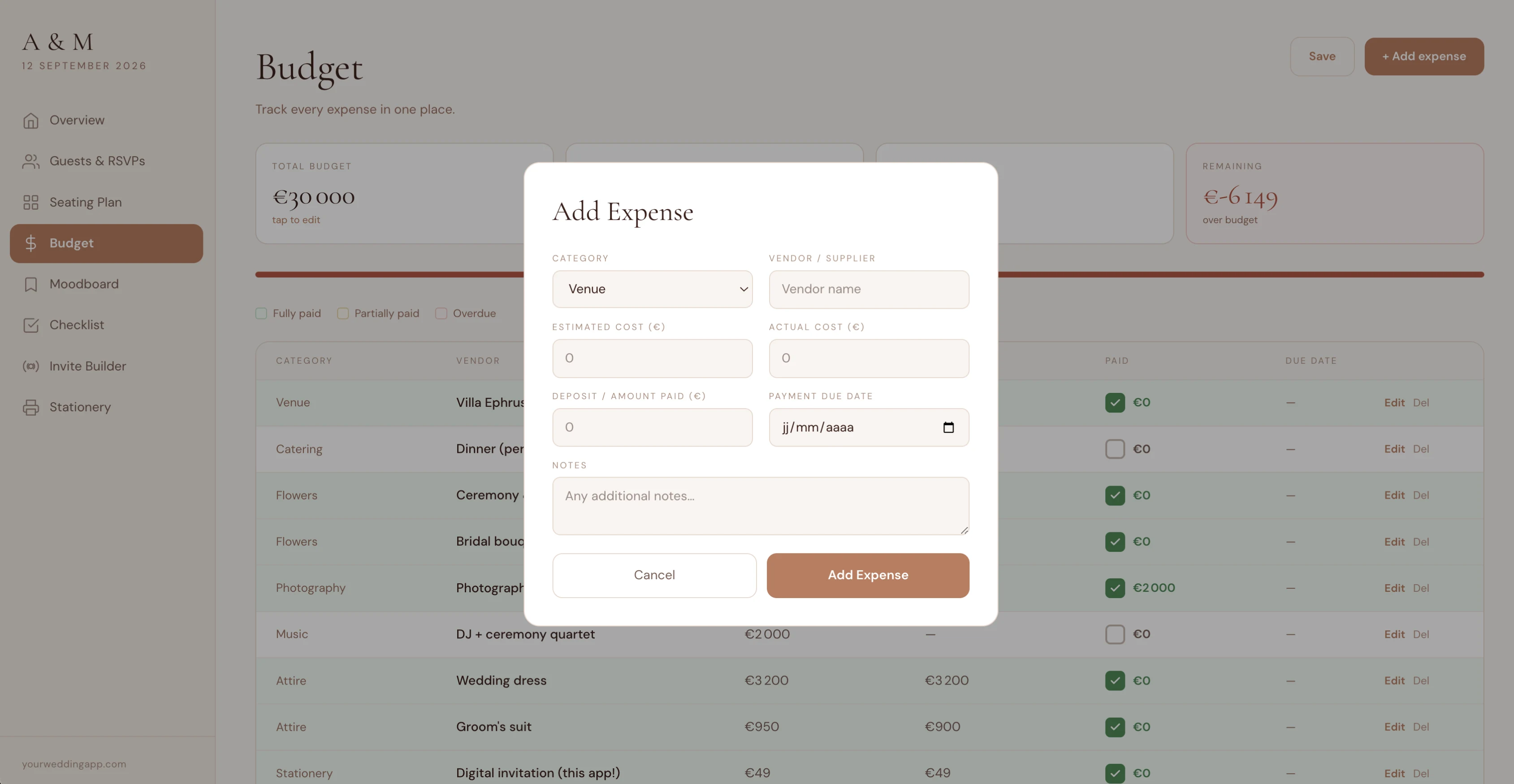Wedding budget tracker app showing expense categories with vendor payments tracked by status, green for fully paid, amber for partial deposit paid, with total budget progress bar