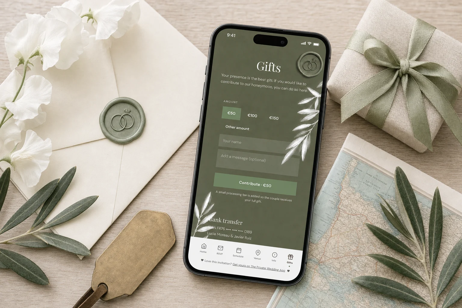 Wedding registry ideas: a phone shows the sage green Gifts page of a digital wedding invitation with suggested amounts of 50, 100 and 150 euros, a Contribute button and a bank transfer card, beside a wrapped gift with a sage ribbon, a wax-sealed envelope and a map, made with The Private Wedding App