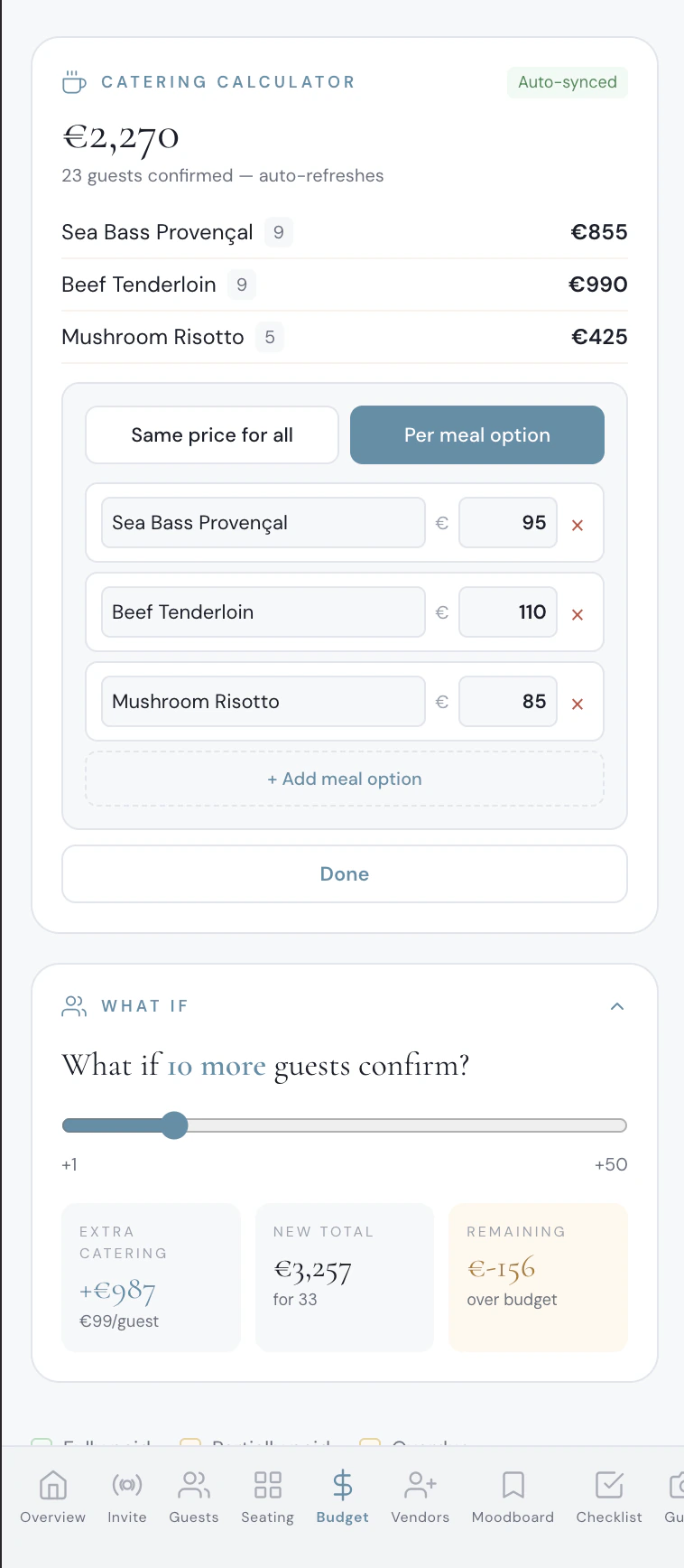 Wedding catering calculator showing per-meal pricing for Sea Bass Provençal €95, Beef Tenderloin €110 and Mushroom Risotto €85 with auto-synced RSVP guest count and what-if simulator for destination wedding budget planning in France