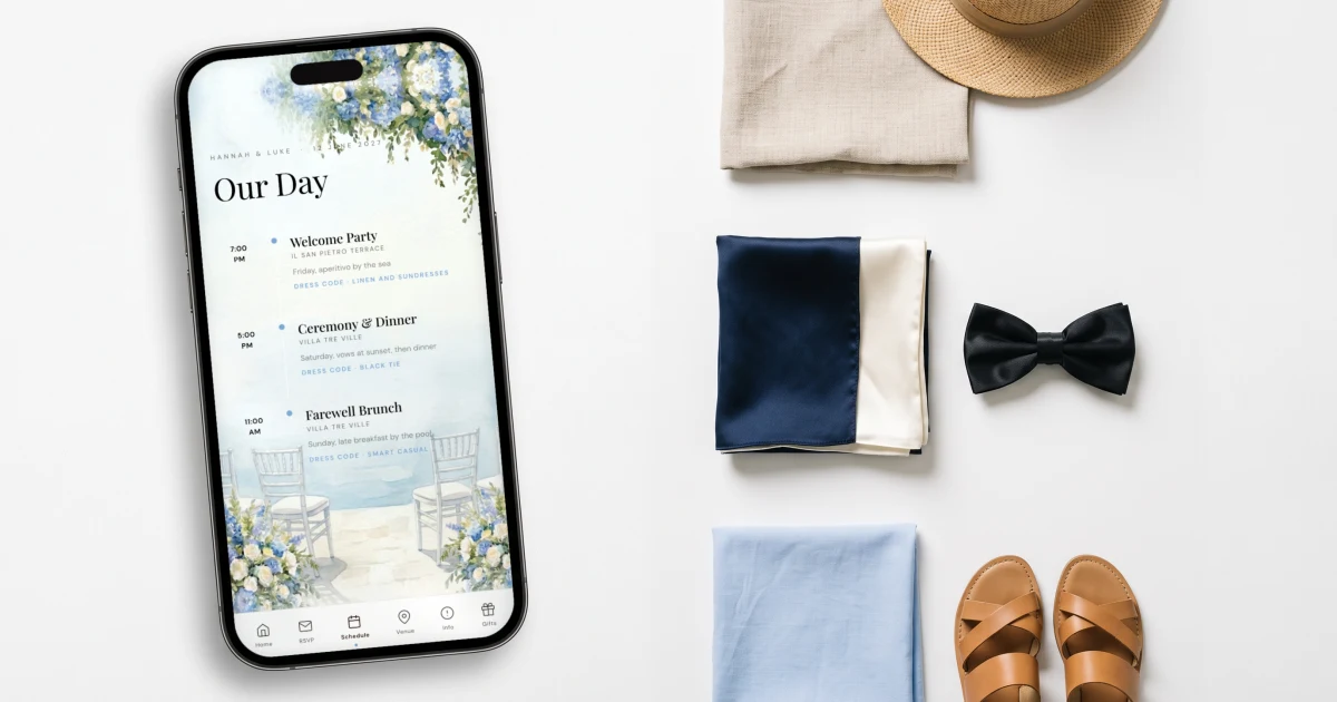 Different wedding dress code for each event: welcome party, black tie dinner and brunch fabrics next to the wedding schedule