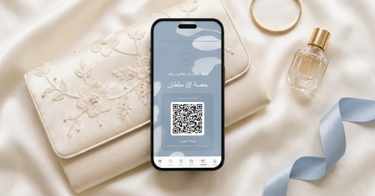 بطاقة دخول حفل الزواج على جوال الضيفة: شاشة تأكيد الحضور بالعربية وعليها رمز QR شخصي، الجوال مسطح على حقيبة سهرة مطرزة بجانب سوار ذهب وزجاجة عطر عود وشريط ساتان أزرق