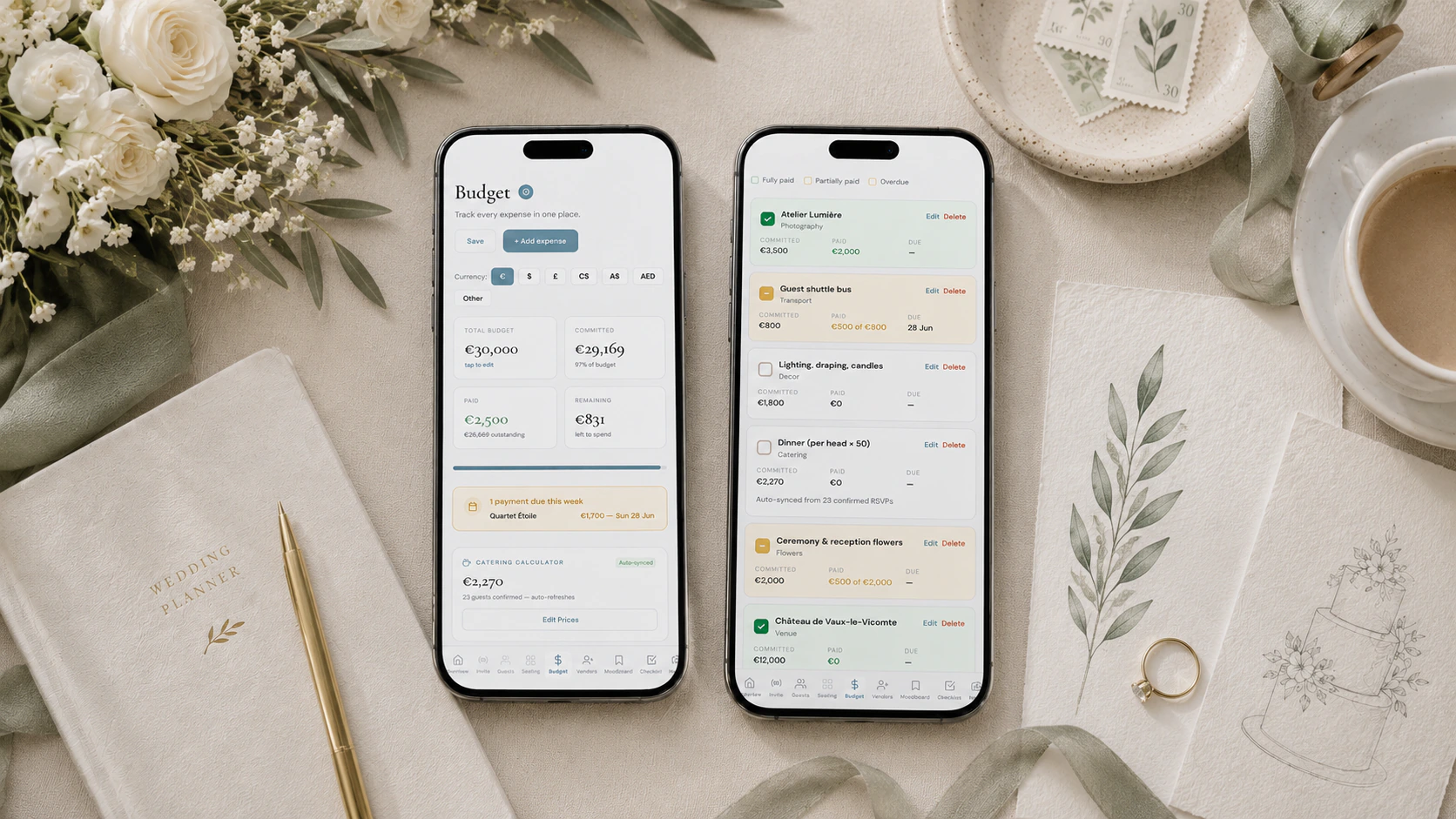Wedding expense tracker app showing budget overview with total committed spend, deposits paid, remaining balance and vendor payment list with colour-coded status for photography, catering, flowers and venue