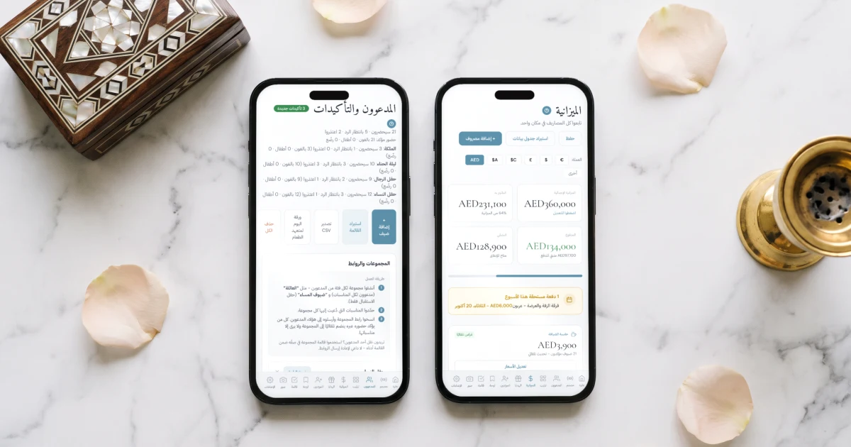 قائمة الضيوف والميزانية في مكان واحد: جوالان مسطحان على رخام أبيض، الأول يعرض قائمة المعازيم بعدد المؤكدين لكل مناسبة والثاني ميزانية الزواج بالدرهم مع حاسبة الضيافة، بجانب صندوق مهر خشبي مطعم بالصدف ومبخرة ذهبية وبتلات ورد