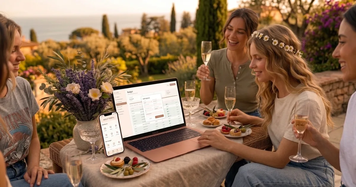 Couple planning wedding guest list on laptop and phone at Mediterranean garden table with automated RSVP tracking, budget and seating plan app