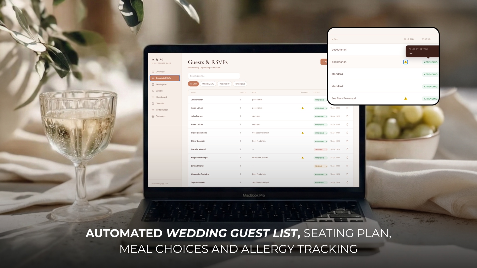 Automated wedding guest list dashboard — RSVPs, meals and allergies tracked live