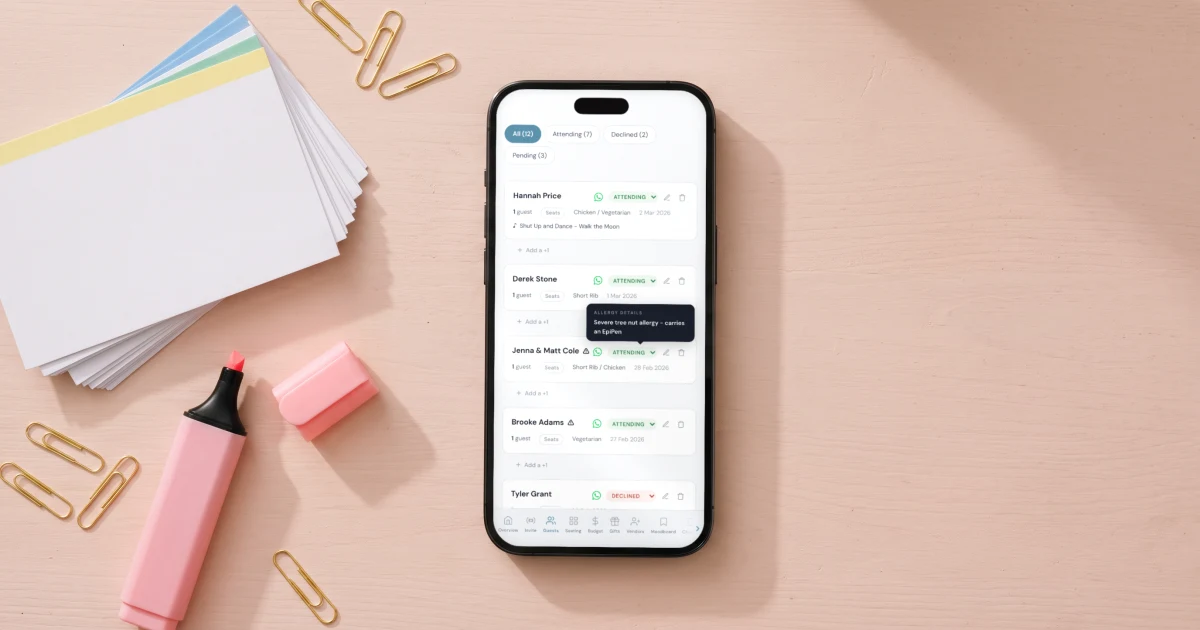 Wedding guest list tracker: a phone shows RSVPs with meals, allergies and plus-ones next to index cards