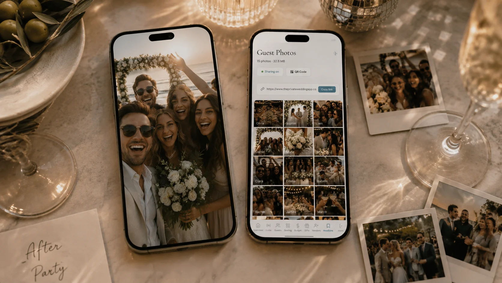 Wedding guest photo sharing app on two iPhones showing selfie upload and private photo gallery with QR code link, polaroid prints and disco ball on marble table at wedding reception