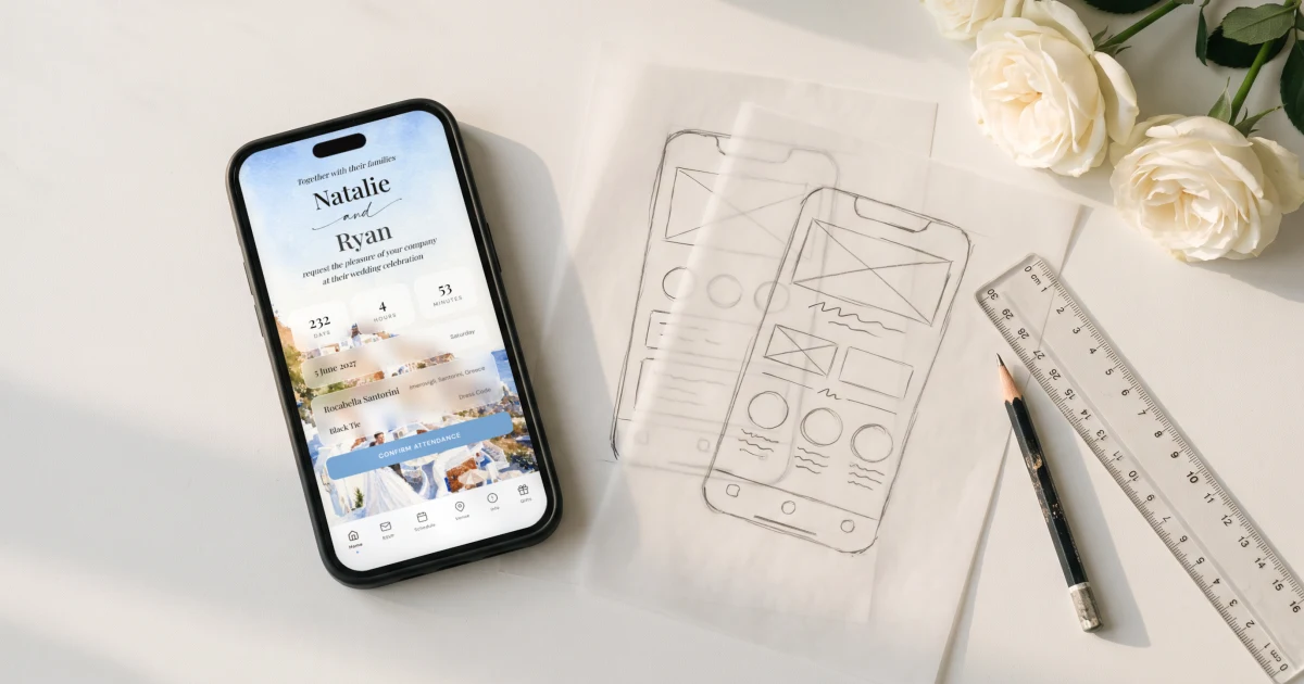 Wedding homepage example: a phone shows a wedding website home page with countdown beside homepage sketches