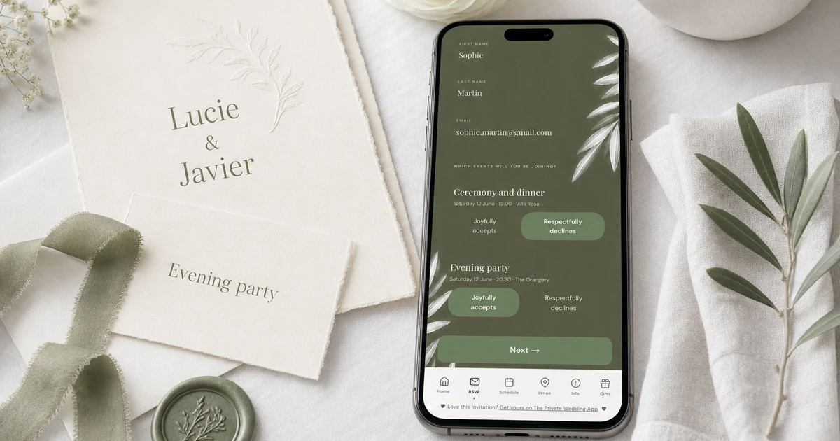 Wedding website for day and evening guests: a phone showing the RSVP where a guest declines the ceremony and dinner and accepts the evening party, next to Lucie and Javier wedding stationery