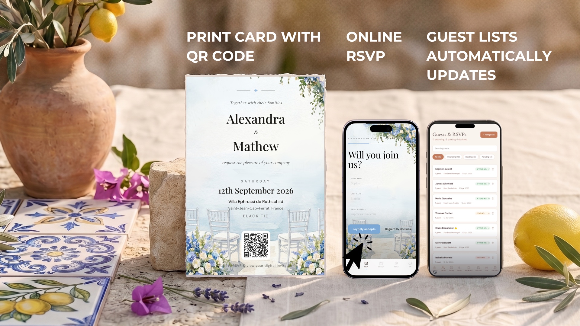 Printed wedding invitation card with QR code that links to the digital RSVP flow