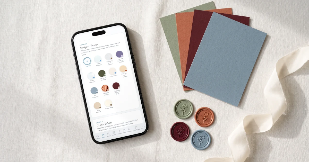 Wedding invitation themes 2026: a phone shows the theme picker beside sage, terracotta, burgundy and dusty blue paper samples and wax seals