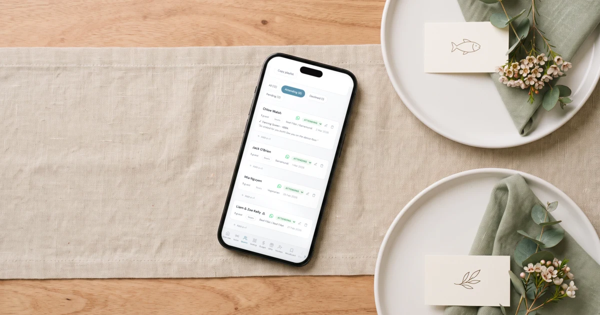 Wedding place cards with meal choice: place cards with fish and vegetarian icons on plates next to the guest list with meal choices