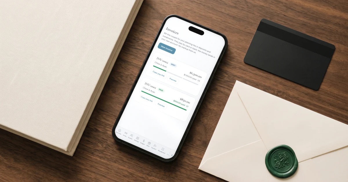 Deposits and payment plans for wedding clients: a phone shows a planning invoice paid in three instalments with the deposit received