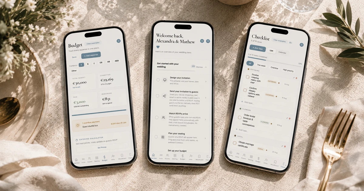 Wedding planner vs wedding planning app - three phones showing The Private Wedding App's real budget tracker, planning dashboard and wedding checklist with tasks and deadlines, on a styled wedding table with olive branches and gold cutlery