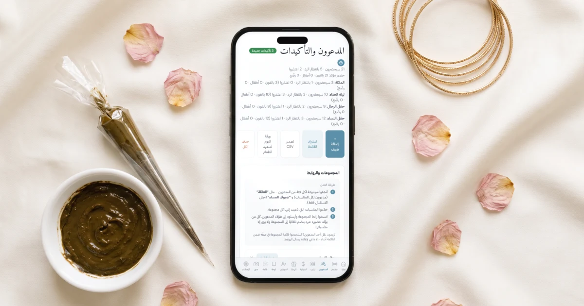 تطبيق تنظيم زواج بالعربي: جوال مسطح يعرض قائمة المعازيم من اليمين لليسار بعدد الحضور لكل مناسبة، الملكة وليلة الحناء وحفل الرجال وحفل النساء، بجانب صحن حناء ومخروط حناء وأساور ذهب وبتلات ورد على حرير عاجي
