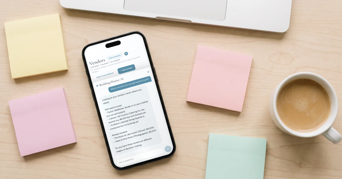 Wedding planning tools inside AI assistants: a phone shows the AI assistant inside a wedding planning app listing which vendors the couple still needs to book