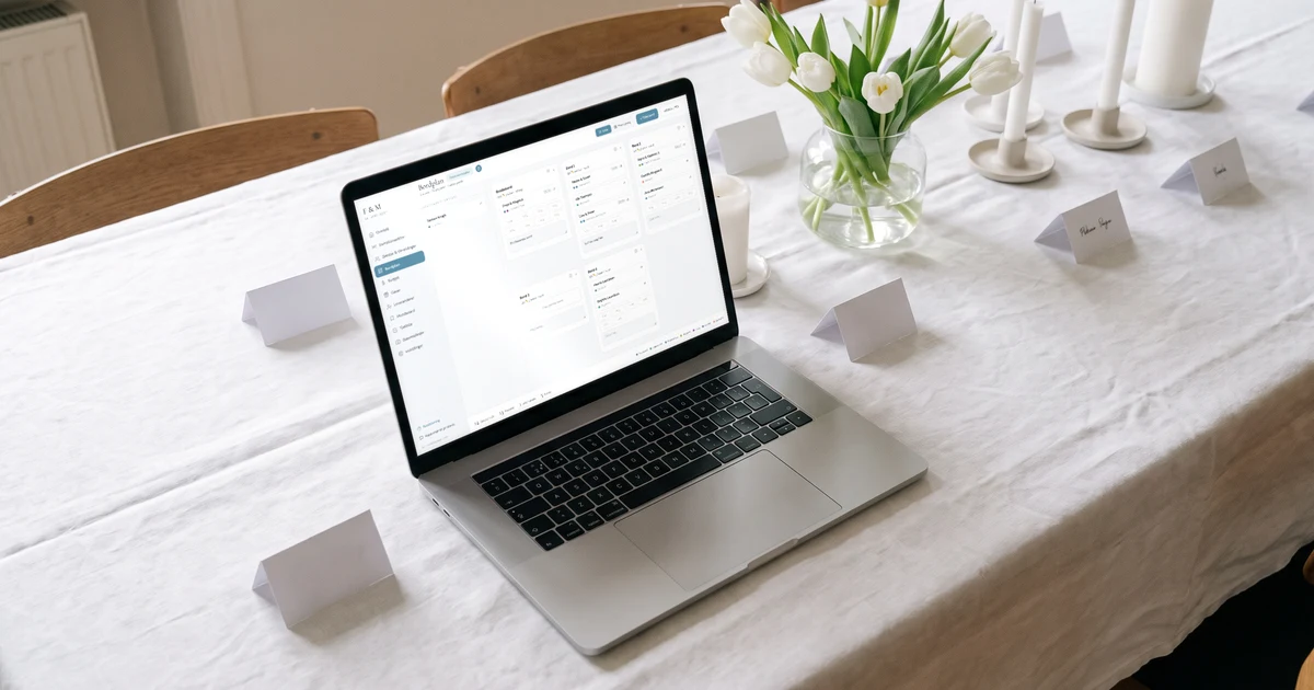 Bordplan til bryllup i en app: en bærbar computer ligger på et langbord med hvide duge og viser bordplanen med runde borde og et aflangt brudebord, hver gæst med sin ret, og en kolonne med gæster uden bord, ved siden af håndskrevne bordkort