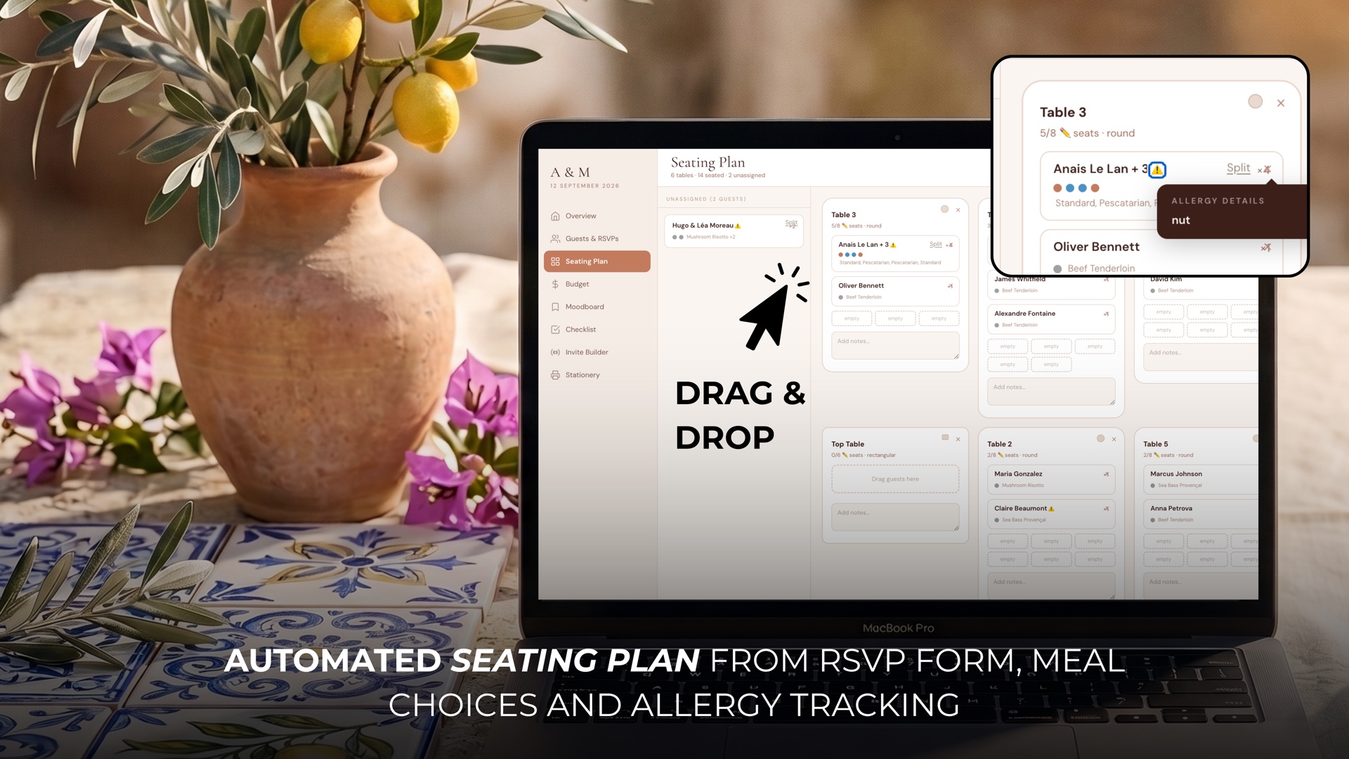 Automated wedding seating plan — drag-and-drop with live guest list