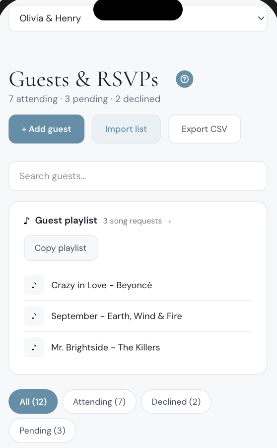 Guest list dashboard with the guest playlist card showing three song requests from guests: Crazy in Love, September and Mr. Brightside