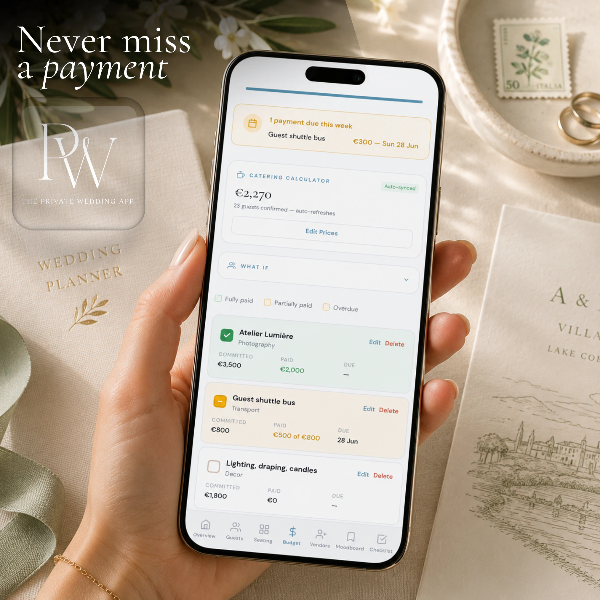 Wedding vendor payment tracker on iPhone showing deposit due dates, catering calculator auto-synced with RSVP count, and colour-coded payment status for photography, transport and decor vendors at an Italian Lake Como villa wedding