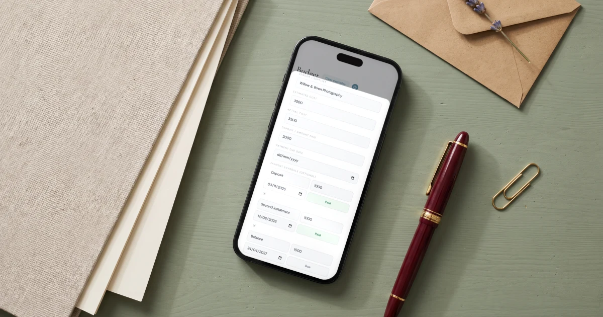 Wedding vendor payment tracker: a phone shows a vendor's deposit, instalment and balance due dates next to vendor invoices