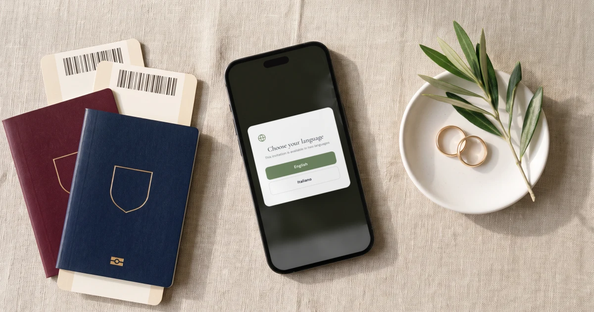 Wedding website for international couples: a phone shows a wedding invitation with an English and Italian language switcher, next to two passports and two wedding bands